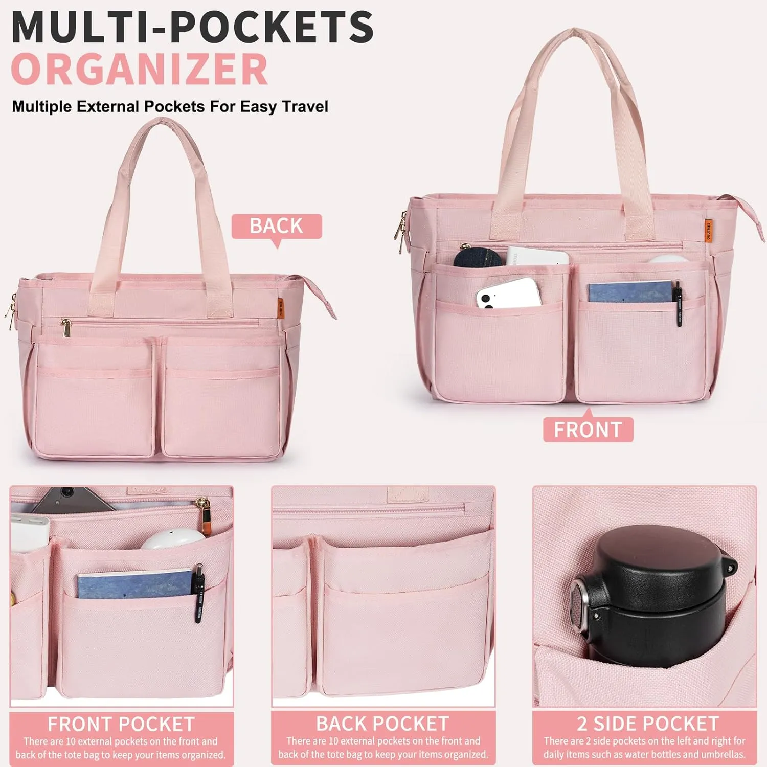 Utility Tote Bag for Women, Multi Pockets Shoulder Bag with Zipper, Laptop Handbag for Teacher, Working Women, Nurses