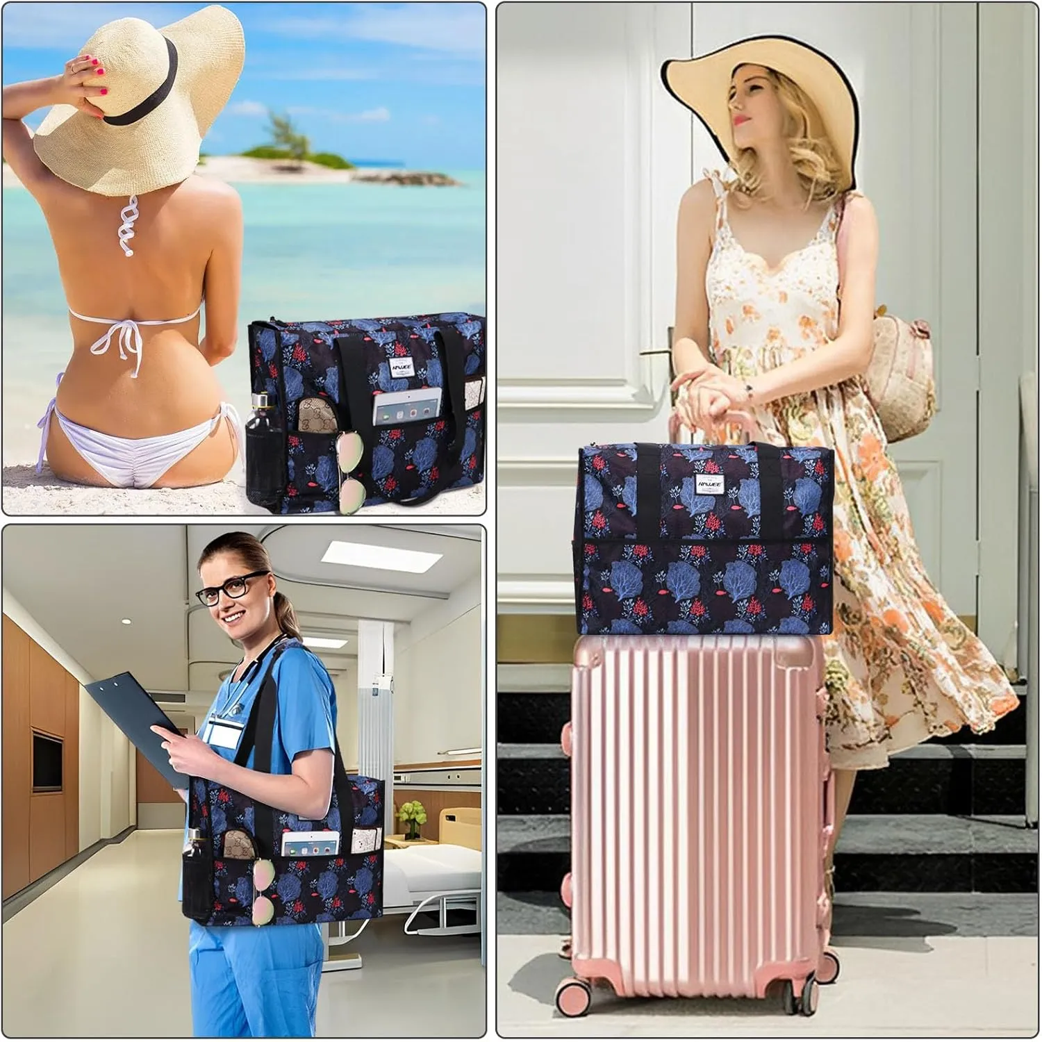 Utility Tote Bag with Laptop Compartment Luggage Sleeve Zippered Multi-pocket Commute Shoulder Purse for Nursing/Work