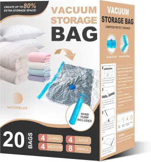 Vacuum Storage Bags, 20-Pack Space Saver, Zipper Vacuum Sealed Bags for Clothing, Clothes, Comforters and Blankets,Hand Pump Included (4 Jumbo/4 Large/4 Medium/8 Small)