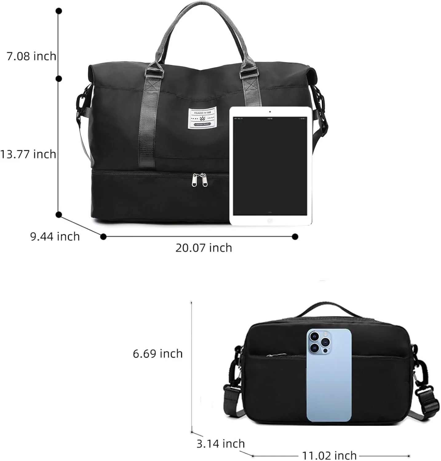 Valleycomfy Travel Duffel Bags with Shoes Compartment,Large Travel Duffel Bag,Weekender Overnight Bag with Toiletry Bag,Black