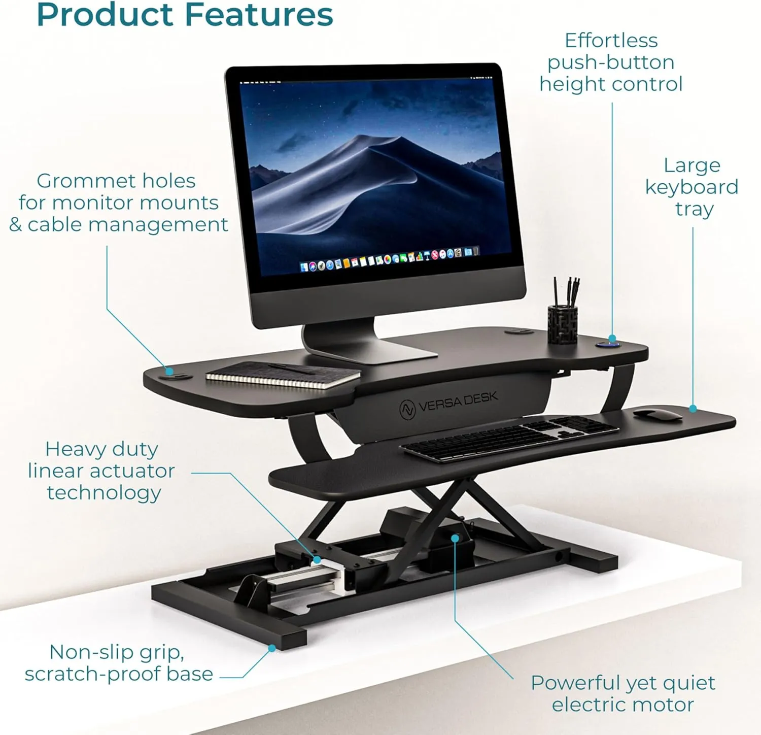 VERSADESK PowerPro 36 Inch Electric Standing Desk Converter, Height Adjustable Sit to Stand Up Desk Riser, Laptop and Dual Monitor Desktop Workstation with Wide Keyboard Tray and USB Port, Black