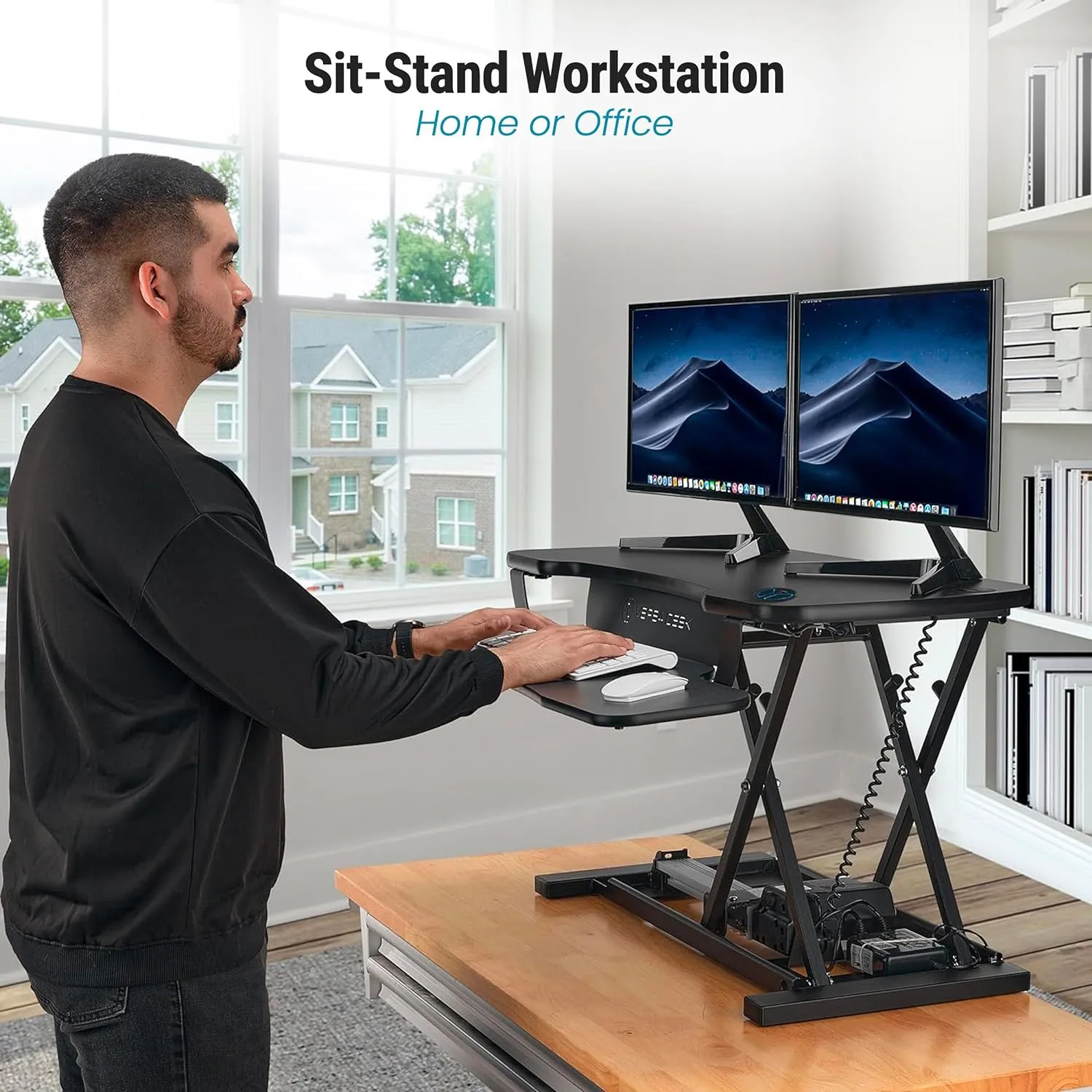 VERSADESK PowerPro 36 Inch Electric Standing Desk Converter, Height Adjustable Sit to Stand Up Desk Riser, Laptop and Dual Monitor Desktop Workstation with Wide Keyboard Tray and USB Port, Black