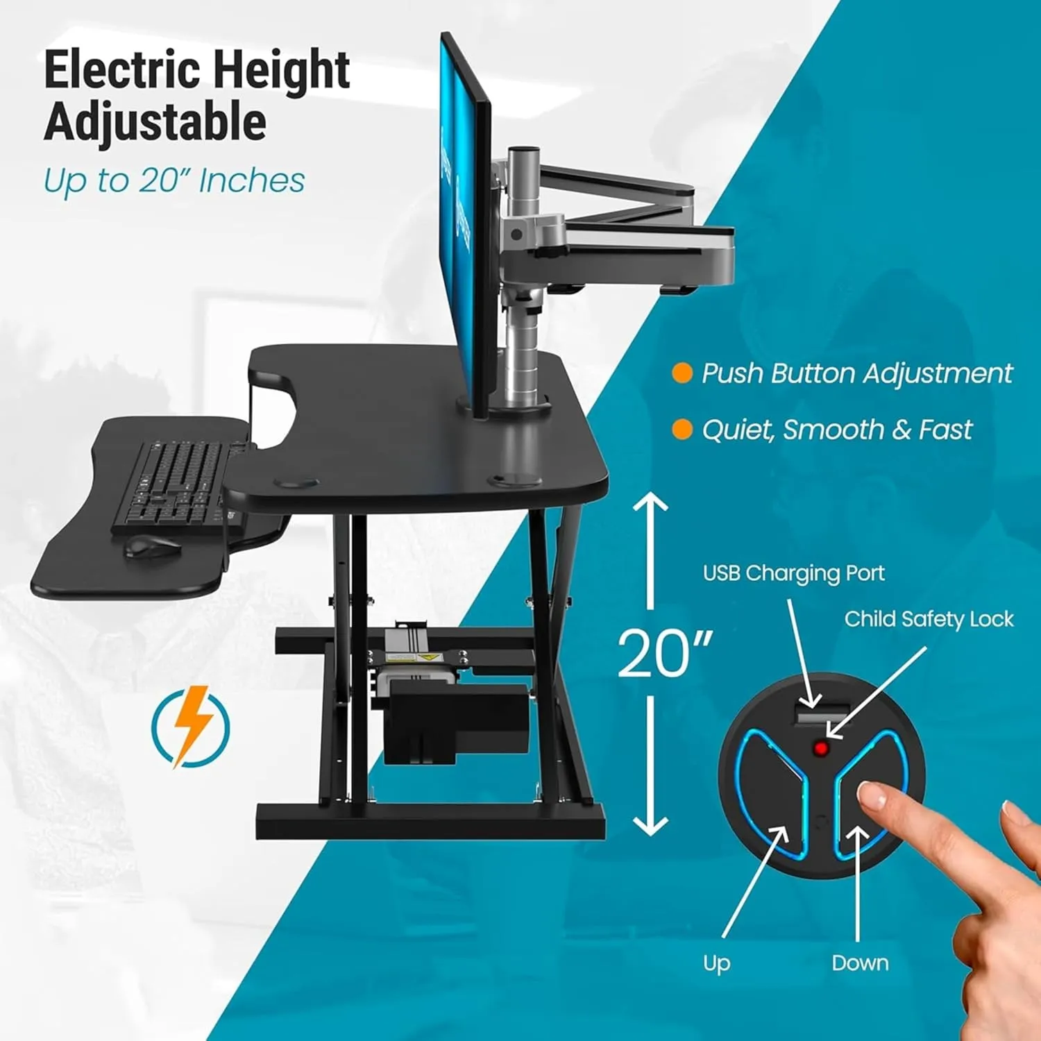 VERSADESK PowerPro 36 Inch Electric Standing Desk Converter, Height Adjustable Sit to Stand Up Desk Riser, Laptop and Dual Monitor Desktop Workstation with Wide Keyboard Tray and USB Port, Black