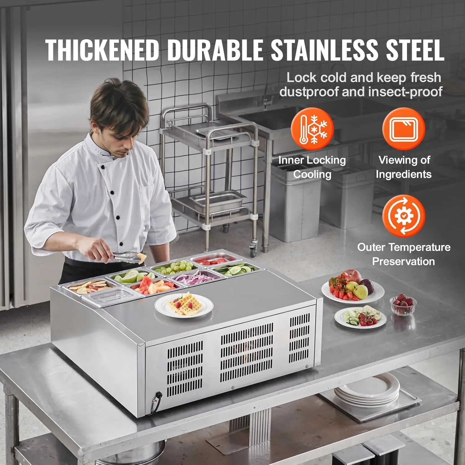 VEVOR Chilled Topping Server, 140W Counter Cooler for Condiments, Includes Eight 1/6 Pans, Constructed from 304 Stainless Steel with Polycarbonate Cover, Features a Stainless Steel Shield, ETL Cert