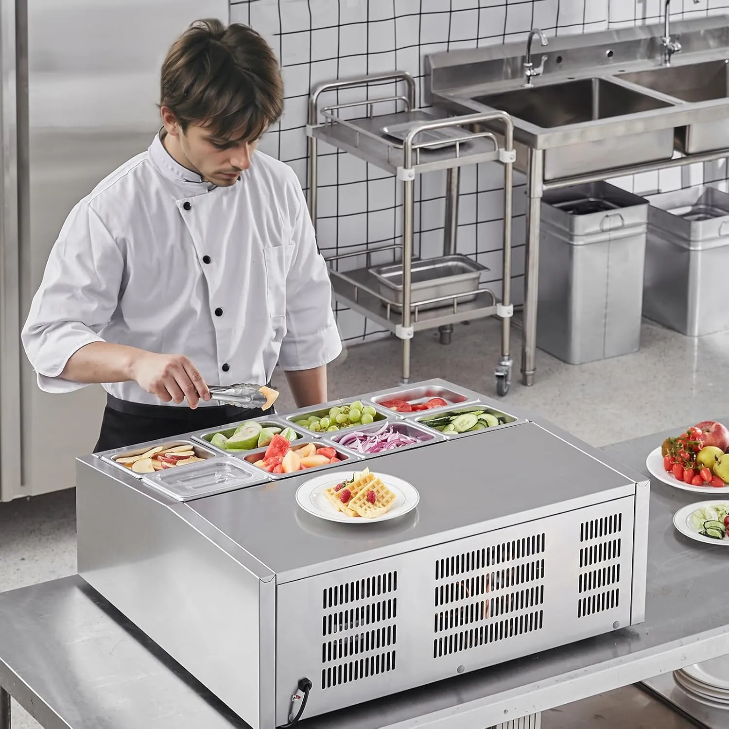 VEVOR Chilled Topping Server, 140W Counter Cooler for Condiments, Includes Eight 1/6 Pans, Constructed from 304 Stainless Steel with Polycarbonate Cover, Features a Stainless Steel Shield, ETL Cert