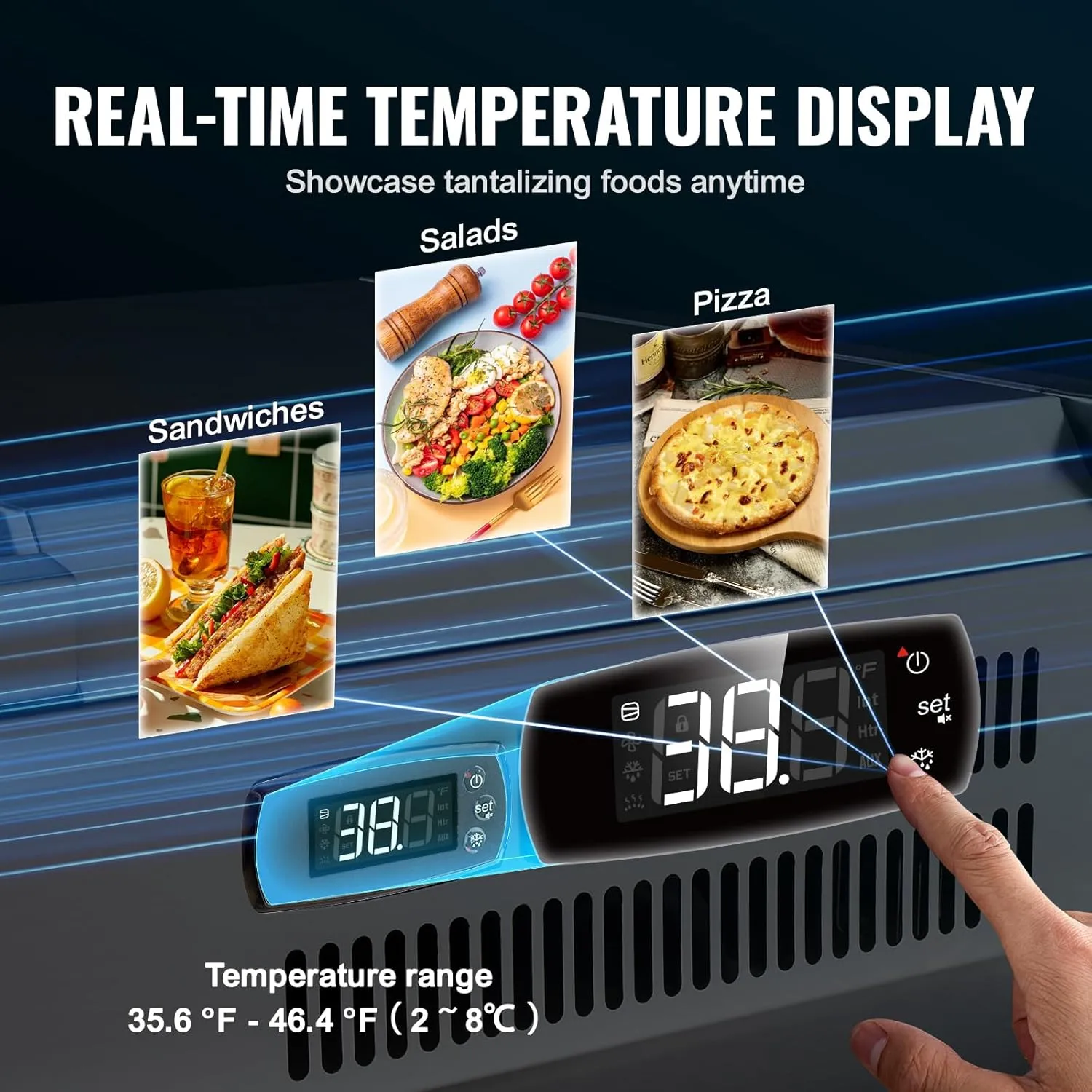 VEVOR Chilled Topping Server, 140W Counter Cooler for Condiments, Includes Eight 1/6 Pans, Constructed from 304 Stainless Steel with Polycarbonate Cover, Features a Stainless Steel Shield, ETL Cert