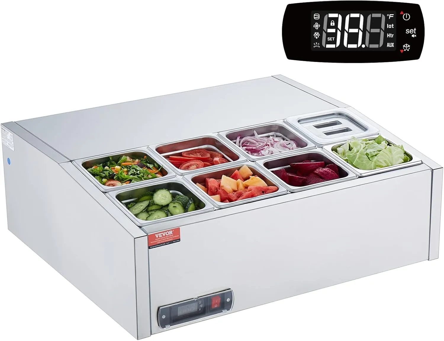 VEVOR Chilled Topping Server, 140W Counter Cooler for Condiments, Includes Eight 1/6 Pans, Constructed from 304 Stainless Steel with Polycarbonate Cover, Features a Stainless Steel Shield, ETL Cert