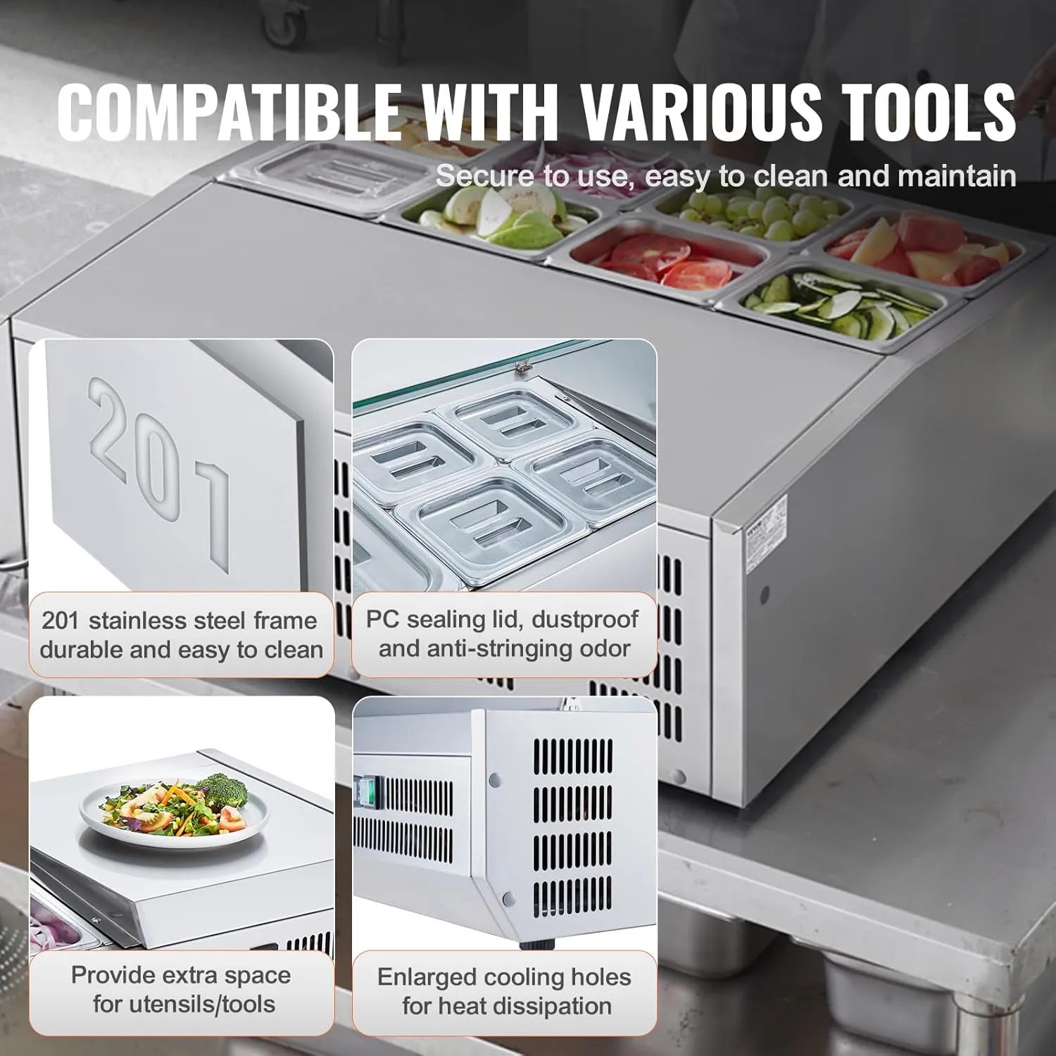 VEVOR Chilled Topping Server, 140W Counter Cooler for Condiments, Includes Eight 1/6 Pans, Constructed from 304 Stainless Steel with Polycarbonate Cover, Features a Stainless Steel Shield, ETL Cert