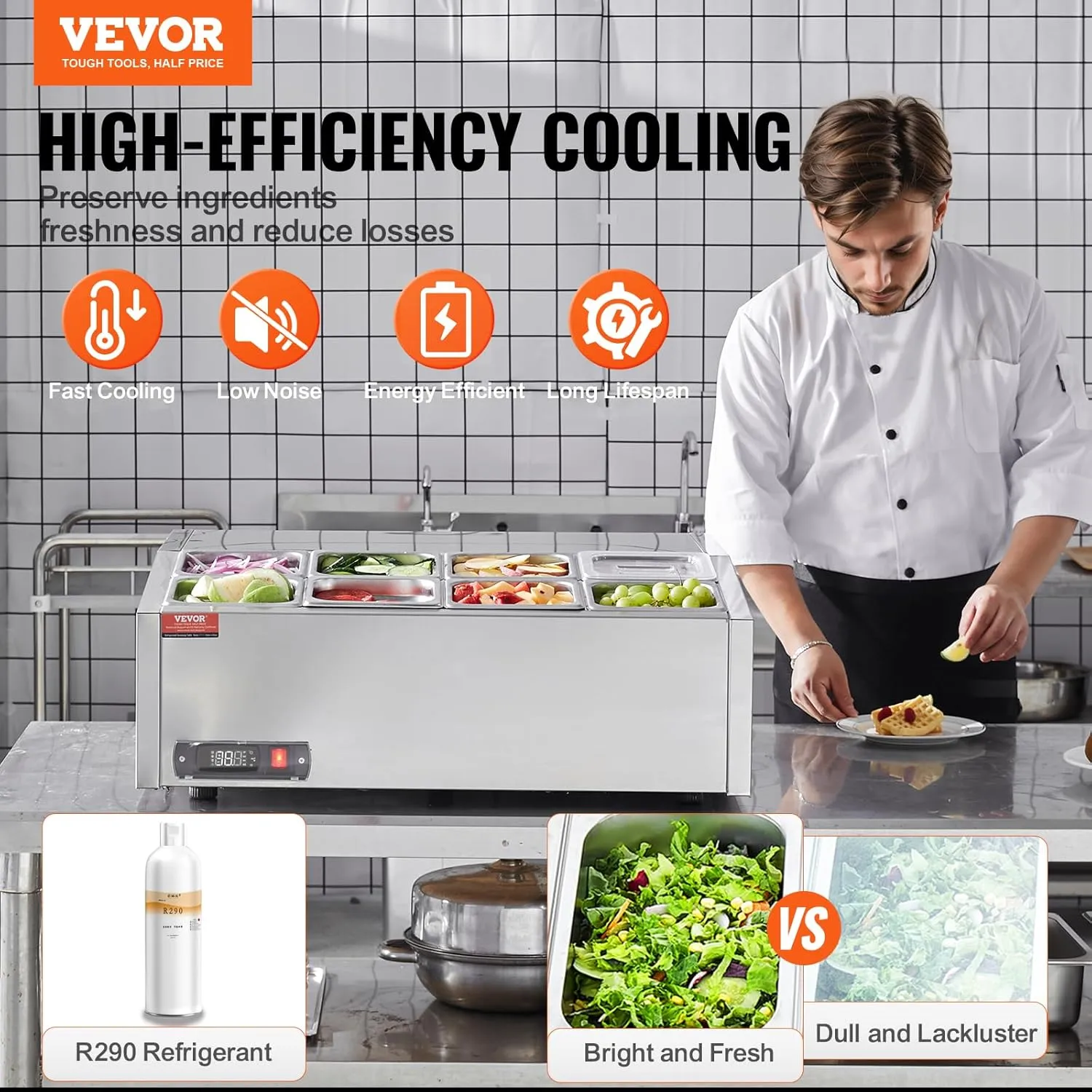 VEVOR Chilled Topping Server, 140W Counter Cooler for Condiments, Includes Eight 1/6 Pans, Constructed from 304 Stainless Steel with Polycarbonate Cover, Features a Stainless Steel Shield, ETL Cert