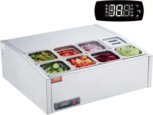 VEVOR Chilled Topping Server, 140W Counter Cooler for Condiments, Includes Eight 1/6 Pans, Constructed from 304 Stainless Steel with Polycarbonate Cover, Features a Stainless Steel Shield, ETL Cert