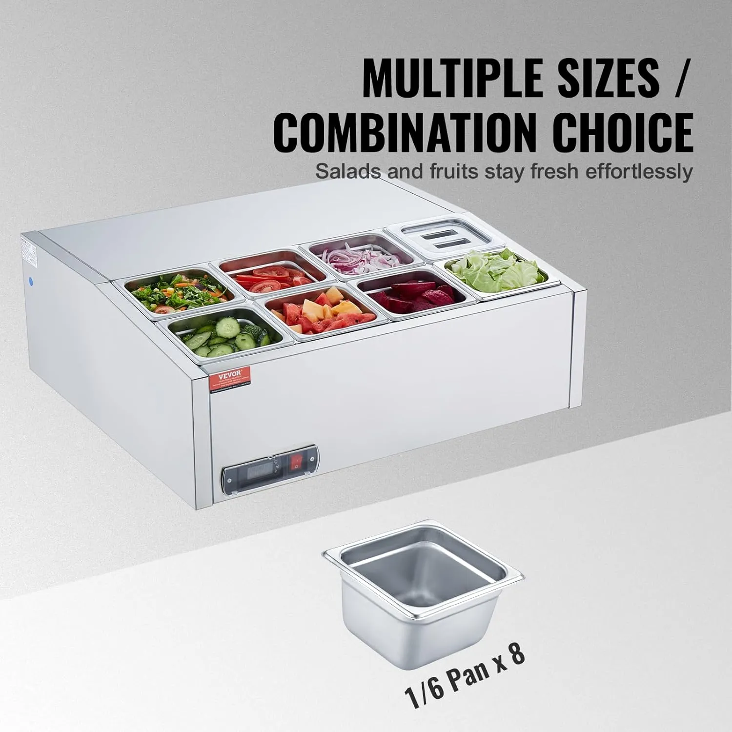 VEVOR Chilled Topping Server, 140W Counter Cooler for Condiments, Includes Eight 1/6 Pans, Constructed from 304 Stainless Steel with Polycarbonate Cover, Features a Stainless Steel Shield, ETL Cert