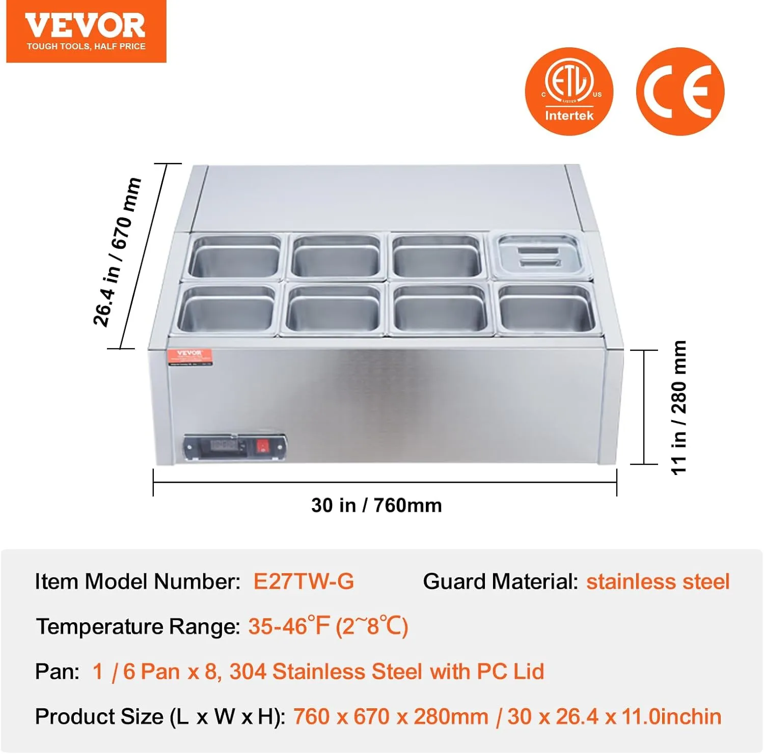 VEVOR Chilled Topping Server, 140W Counter Cooler for Condiments, Includes Eight 1/6 Pans, Constructed from 304 Stainless Steel with Polycarbonate Cover, Features a Stainless Steel Shield, ETL Cert