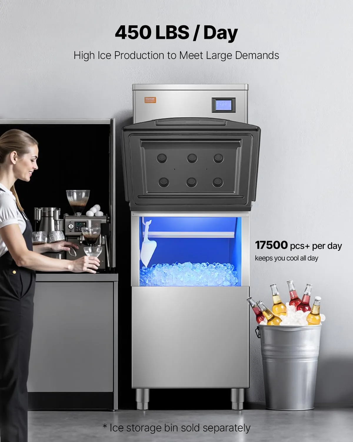VEVOR Commercial Ice Maker Machine-Head 450 lbs/Day, 22 Inch Stainless Steel Industrial Ice Machine, Self-Cleaning and Scheduled Ice Making, Modular Ice Cube Machine for Restaurant Hotel - Head Only