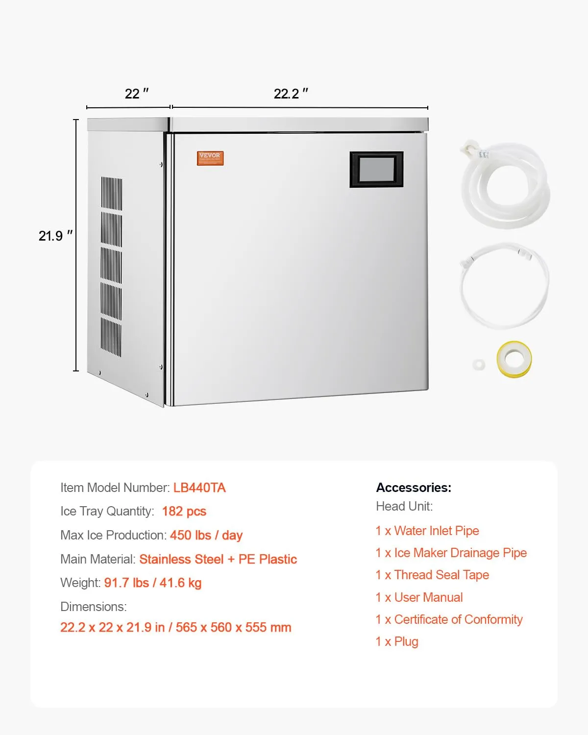 VEVOR Commercial Ice Maker Machine-Head 450 lbs/Day, 22 Inch Stainless Steel Industrial Ice Machine, Self-Cleaning and Scheduled Ice Making, Modular Ice Cube Machine for Restaurant Hotel - Head Only