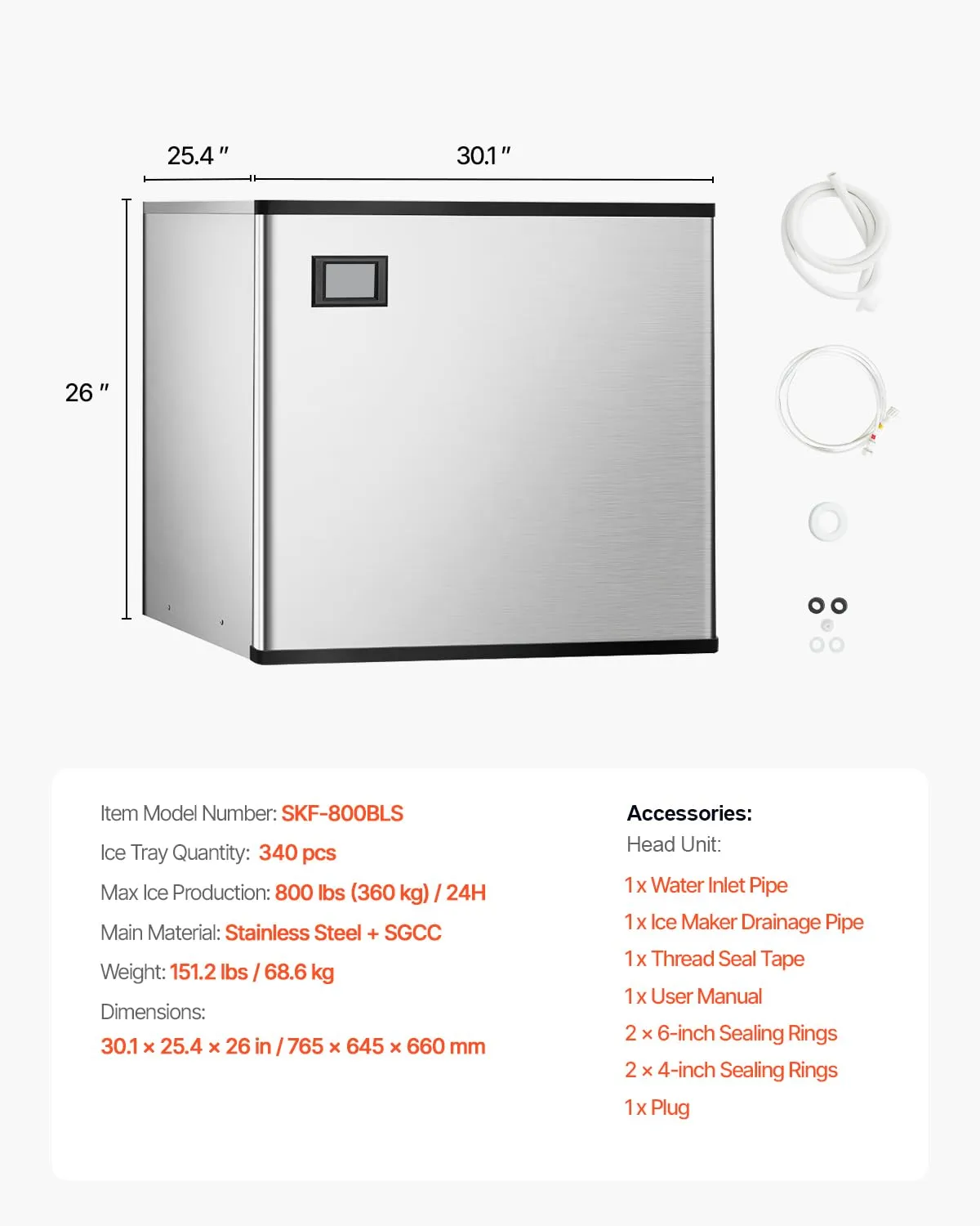VEVOR Commercial Ice Maker Machine-Head 800 lbs/24 h, 26 Inch Stainless Steel Industrial Ice Machine, Self-Cleaning and Scheduled Ice Making, Modular Ice Cube Machine for Restaurant Hotel - Head Only
