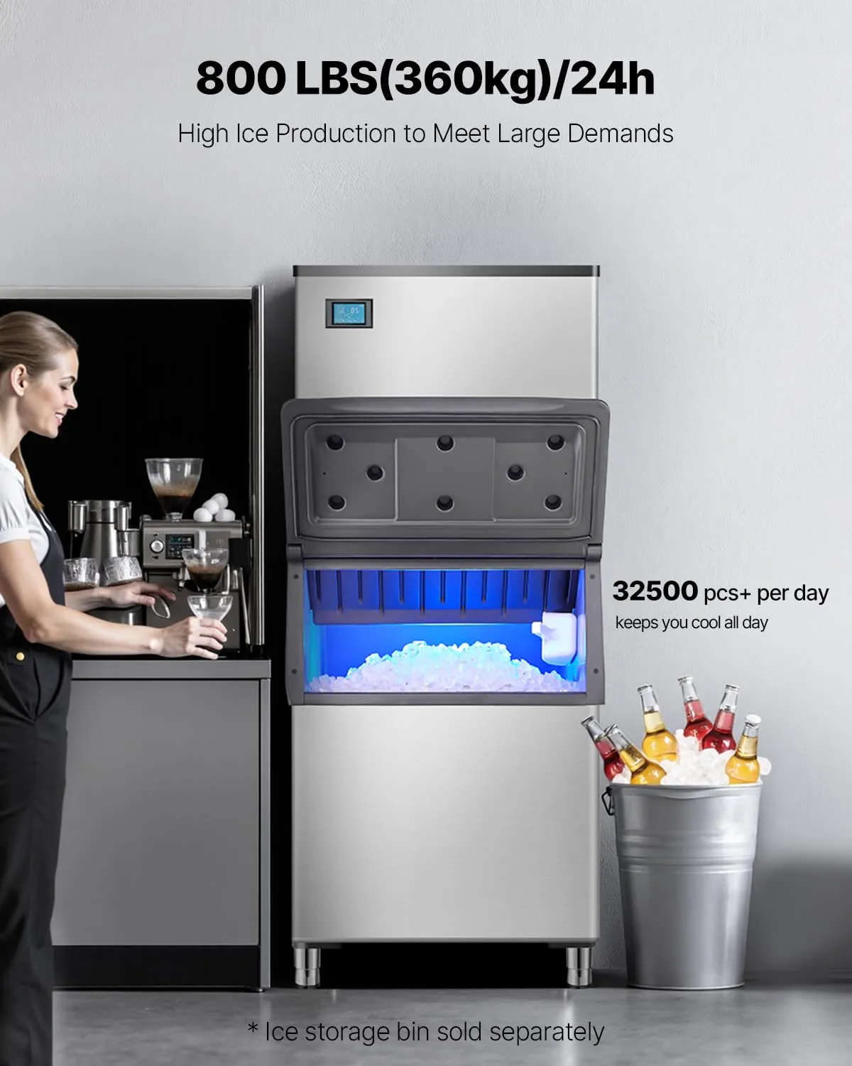 VEVOR Commercial Ice Maker Machine-Head 800 lbs/24 h, 26 Inch Stainless Steel Industrial Ice Machine, Self-Cleaning and Scheduled Ice Making, Modular Ice Cube Machine for Restaurant Hotel - Head Only