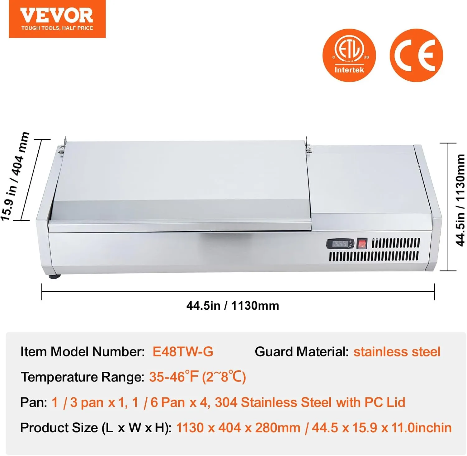 VEVOR Refrigerated Condiment Prep Station, 135 W Countertop Refrigerated Condiment Station, with 2 1/3 Pans & 4 1/6 Pans, 304 Stainless Body and PC Lid, Sandwich Prep Table with Stainless Guard, ETL