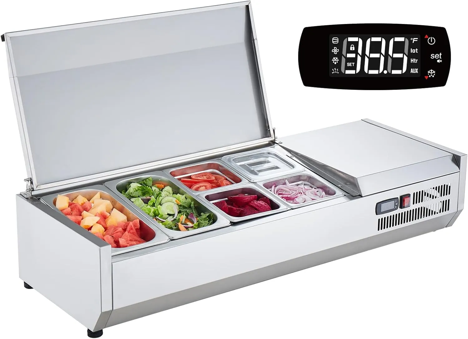 VEVOR Refrigerated Condiment Prep Station, 135 W Countertop Refrigerated Condiment Station, with 2 1/3 Pans & 4 1/6 Pans, 304 Stainless Body and PC Lid, Sandwich Prep Table with Stainless Guard, ETL