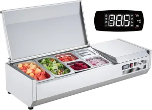 VEVOR Refrigerated Condiment Prep Station, 135 W Countertop Refrigerated Condiment Station, with 2 1/3 Pans & 4 1/6 Pans, 304 Stainless Body and PC Lid, Sandwich Prep Table with Stainless Guard, ETL
