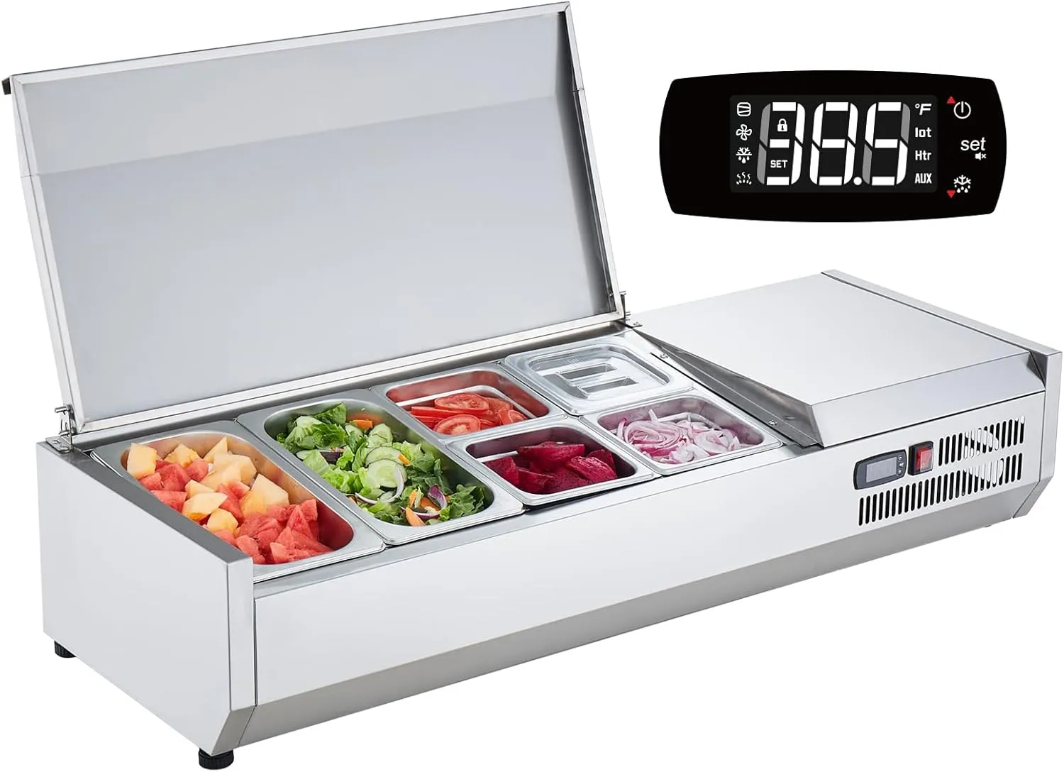 VEVOR Refrigerated Condiment Prep Station, 135 W Countertop Refrigerated Condiment Station, with 2 1/3 Pans & 4 1/6 Pans, 304 Stainless Body and PC Lid, Sandwich Prep Table with Stainless Guard, ETL