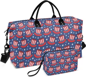 VIGTRO Travel Duffel Bag Weekender Overnight Bag with Toiletry Bag 4th Of July Hat Stars Printed, Carry On Luggage Bag Independence Day Usa for Hospital Gym Travel Business, 2 Pcs Set