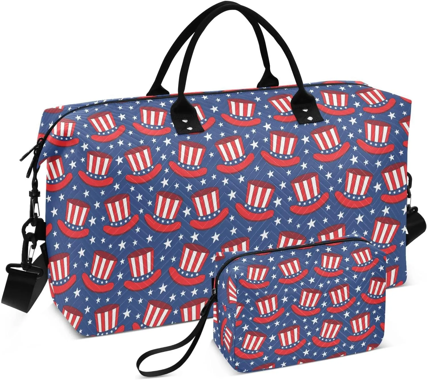 VIGTRO Travel Duffel Bag Weekender Overnight Bag with Toiletry Bag 4th Of July Hat Stars Printed, Carry On Luggage Bag Independence Day Usa for Hospital Gym Travel Business, 2 Pcs Set