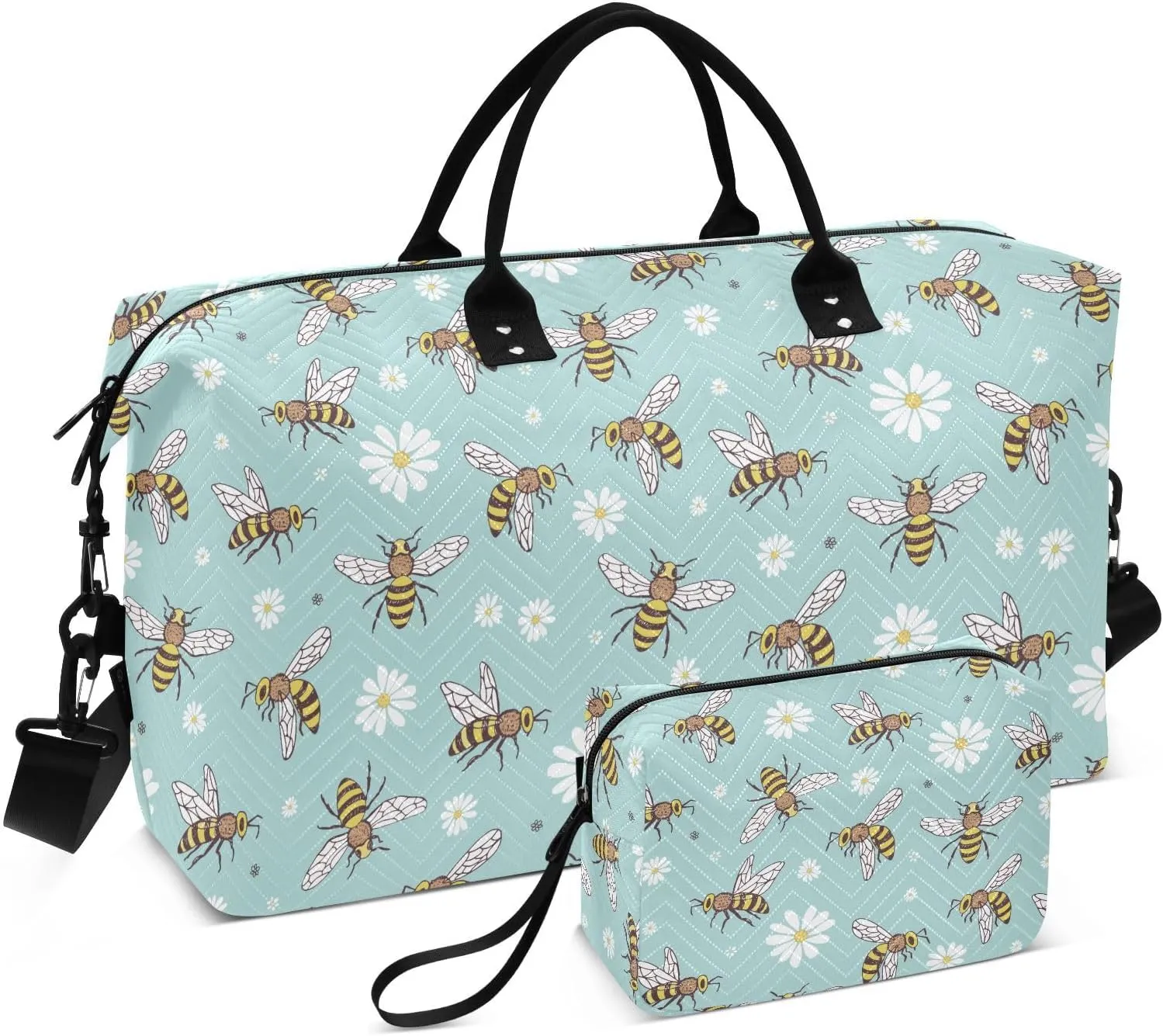 VIGTRO Travel Duffel Bag Weekender Overnight Bag with Toiletry Bag Bee Insects Cartoon Flowers Printed, Carry On Luggage Bag for Hospital Gym Travel Business, 2 Pcs Set