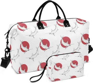VIGTRO Travel Duffel Bag Weekender Overnight Bag with Toiletry Bag Black White Swordfish Printed, Carry On Luggage Bag for Hospital Gym Travel Business, 2 Pcs Set