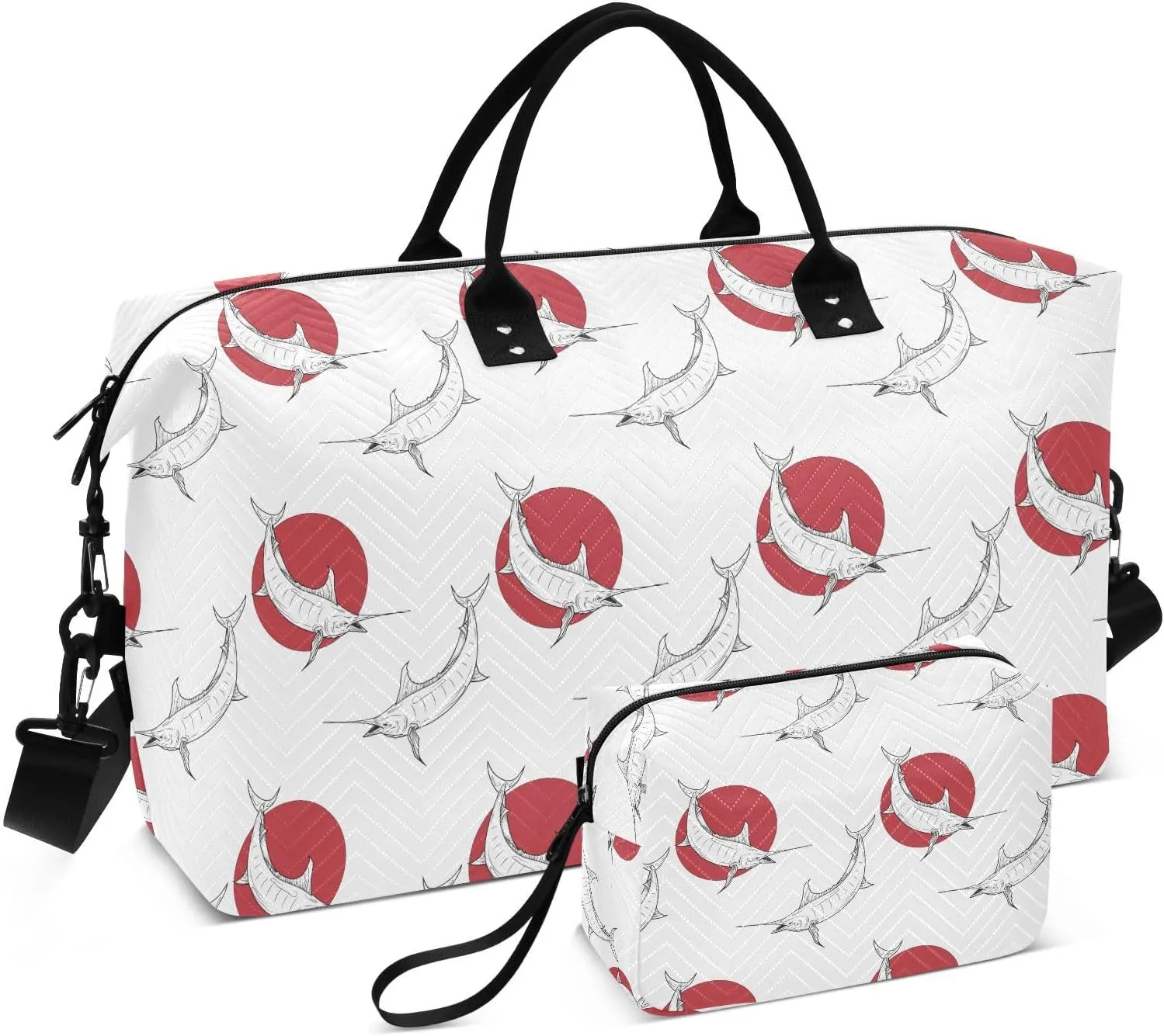 VIGTRO Travel Duffel Bag Weekender Overnight Bag with Toiletry Bag Black White Swordfish Printed, Carry On Luggage Bag for Hospital Gym Travel Business, 2 Pcs Set