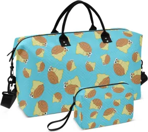 VIGTRO Travel Duffel Bag Weekender Overnight Bag with Toiletry Bag Cartoon Snail Pattern Printed, Carry On Luggage Bag for Hospital Gym Travel Business, 2 Pcs Set