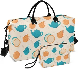 VIGTRO Travel Duffel Bag Weekender Overnight Bag with Toiletry Bag Ceramic Kitchenware Printed, Carry On Luggage Bag for Hospital Gym Travel Business, 2 Pcs Set