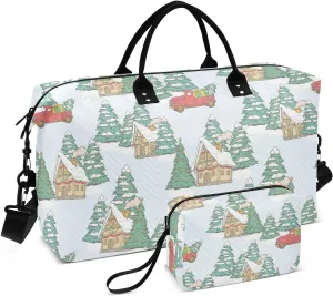 VIGTRO Travel Duffel Bag Weekender Overnight Bag with Toiletry Bag Christmas Village Trees Car Printed, Carry On Luggage Bag for Hospital Gym Travel Business, 2 Pcs Set