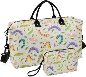 VIGTRO Travel Duffel Bag Weekender Overnight Bag with Toiletry Bag Colorful Caterpillar with Leaves Printed, Carry On Luggage Bag for Hospital Gym Travel Business, 2 Pcs Set