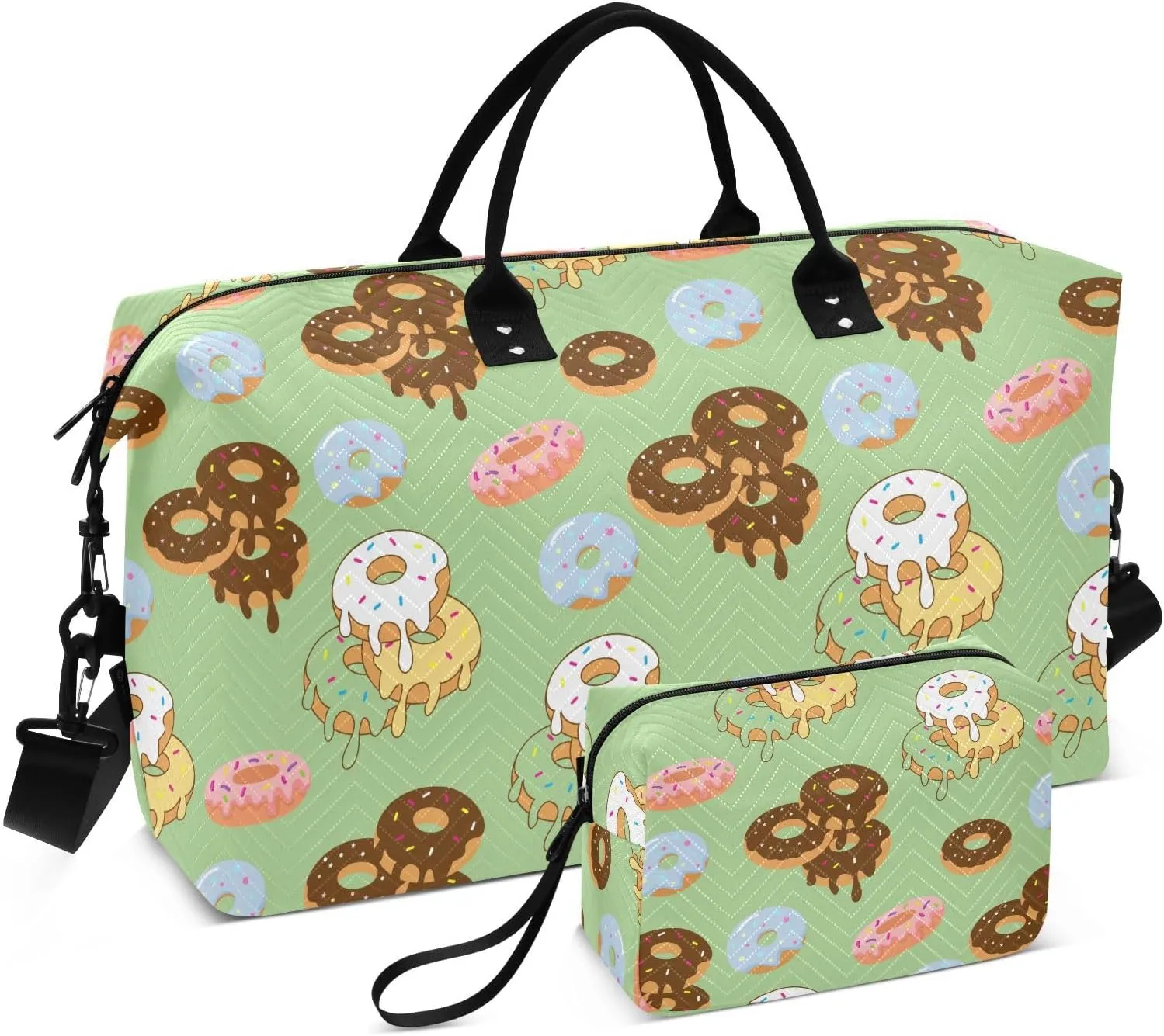 VIGTRO Travel Duffel Bag Weekender Overnight Bag with Toiletry Bag Colorful Sweet Donuts Pattern Printed, Carry On Luggage Bag for Hospital Gym Travel Business, 2 Pcs Set