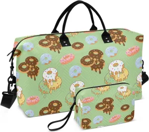 VIGTRO Travel Duffel Bag Weekender Overnight Bag with Toiletry Bag Colorful Sweet Donuts Pattern Printed, Carry On Luggage Bag for Hospital Gym Travel Business, 2 Pcs Set