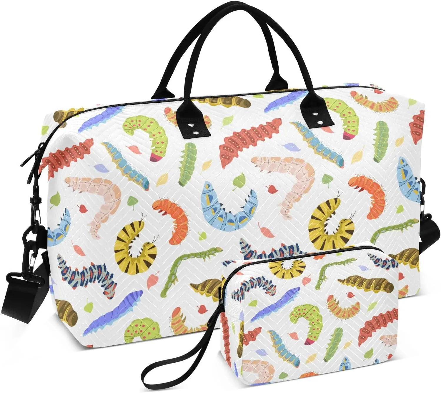 VIGTRO Travel Duffel Bag Weekender Overnight Bag with Toiletry Bag Crawling Worms Printed, Carry On Luggage Bag for Hospital Gym Travel Business, 2 Pcs Set