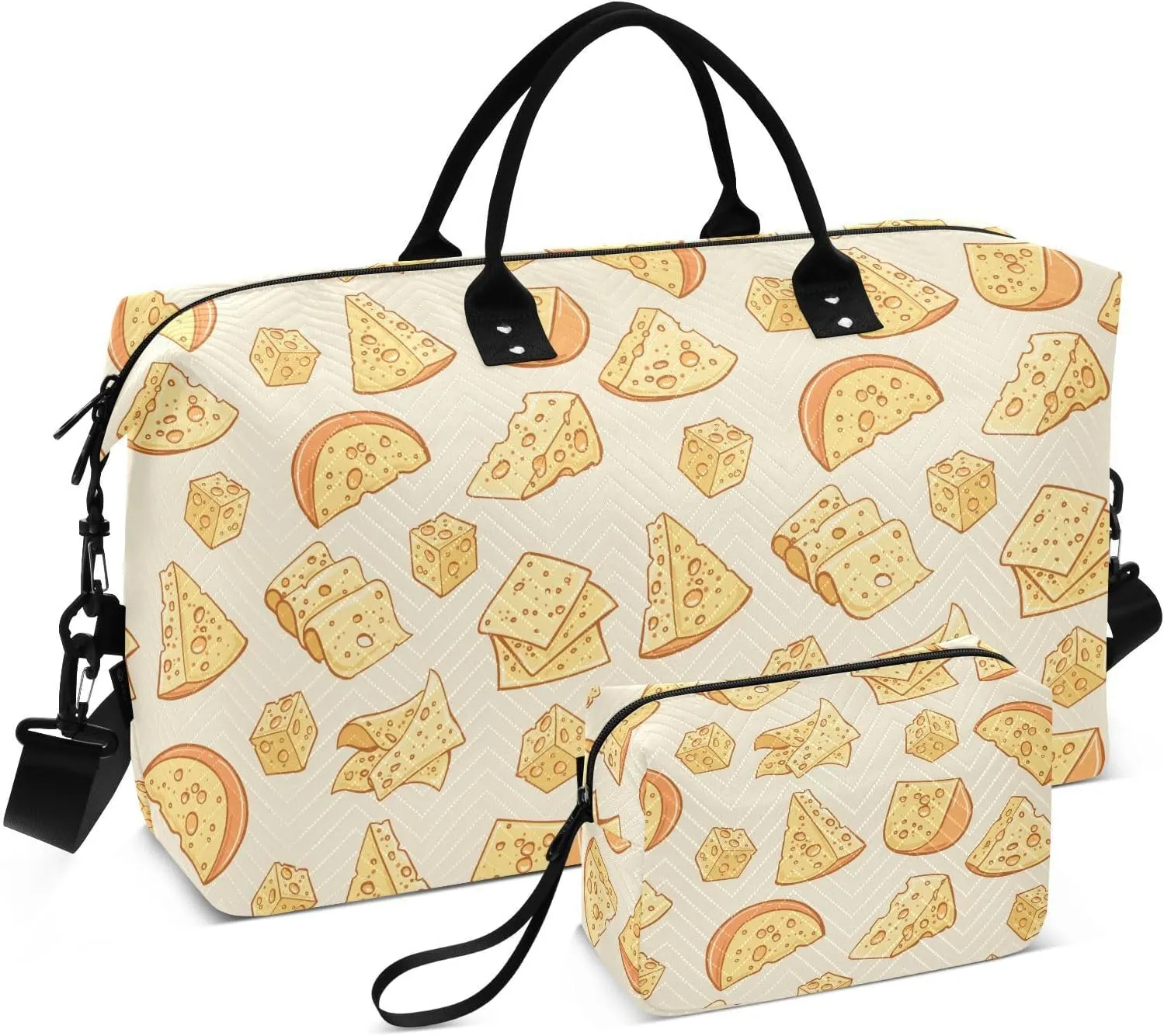VIGTRO Travel Duffel Bag Weekender Overnight Bag with Toiletry Bag Cute Cheese Printed, Carry On Luggage Bag for Hospital Gym Travel Business, 2 Pcs Set