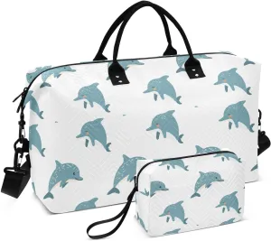 VIGTRO Travel Duffel Bag Weekender Overnight Bag with Toiletry Bag Cute Dolphins White Background Printed, Carry On Luggage Bag for Hospital Gym Travel Business, 2 Pcs Set