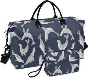 VIGTRO Travel Duffel Bag Weekender Overnight Bag with Toiletry Bag Cute Seal Cartoon Animal Printed, Carry On Luggage Bag for Hospital Gym Travel Business, 2 Pcs Set