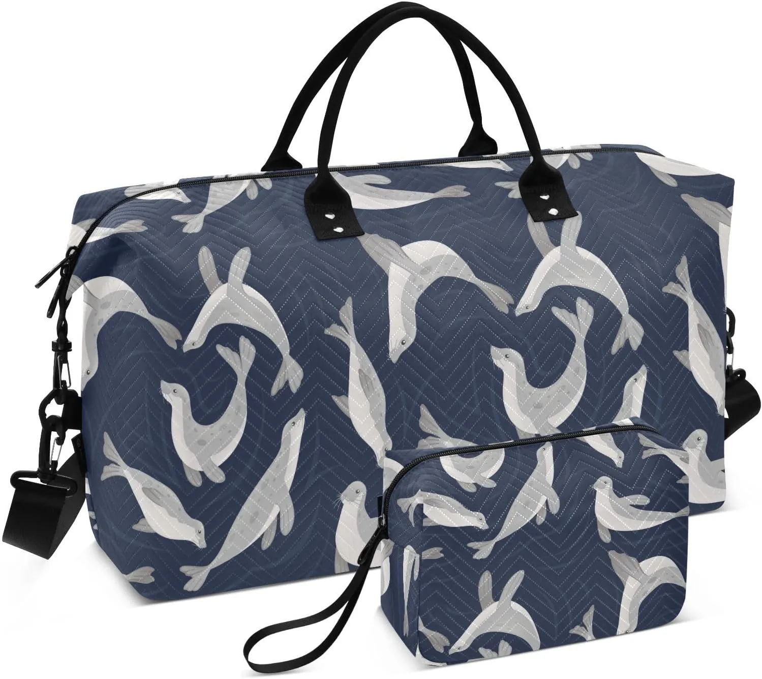 VIGTRO Travel Duffel Bag Weekender Overnight Bag with Toiletry Bag Cute Seal Cartoon Animal Printed, Carry On Luggage Bag for Hospital Gym Travel Business, 2 Pcs Set