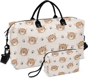 VIGTRO Travel Duffel Bag Weekender Overnight Bag with Toiletry Bag Cute Tiger Head and Footprint Printed, Carry On Luggage Bag for Hospital Gym Travel Business, 2 Pcs Set