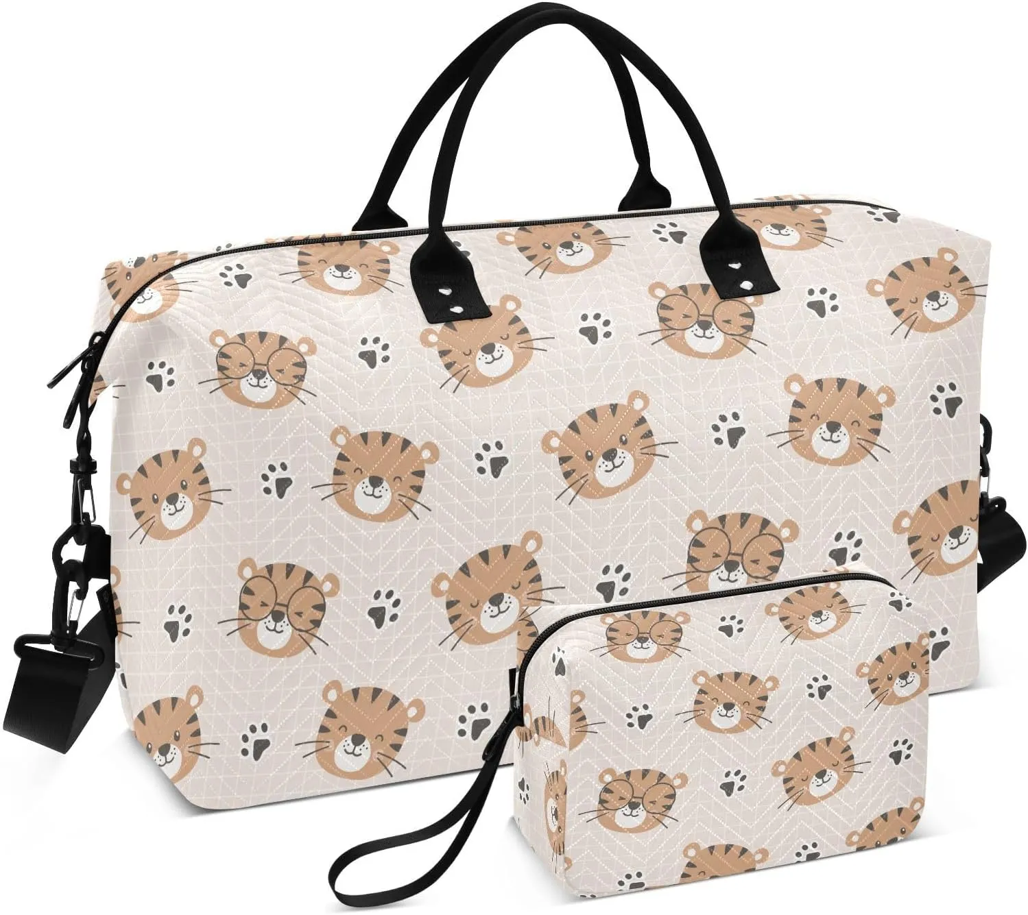 VIGTRO Travel Duffel Bag Weekender Overnight Bag with Toiletry Bag Cute Tiger Head and Footprint Printed, Carry On Luggage Bag for Hospital Gym Travel Business, 2 Pcs Set