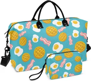 VIGTRO Travel Duffel Bag Weekender Overnight Bag with Toiletry Bag Eggs Waffle and Bacon Printed, Carry On Luggage Bag Breakfast for Hospital Gym Travel Business, 2 Pcs Set