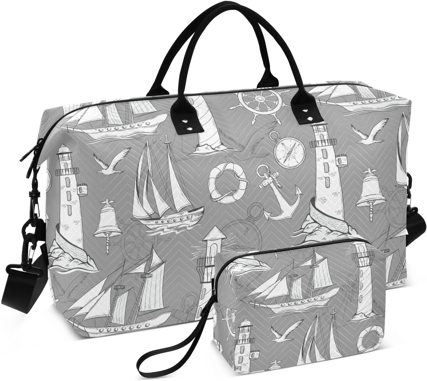 VIGTRO Travel Duffel Bag Weekender Overnight Bag with Toiletry Bag Map Sea Bell Seagulls Printed, Carry On Luggage Bag for Hospital Gym Travel Business, 2 Pcs Set