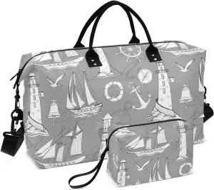 VIGTRO Travel Duffel Bag Weekender Overnight Bag with Toiletry Bag Map Sea Bell Seagulls Printed, Carry On Luggage Bag for Hospital Gym Travel Business, 2 Pcs Set