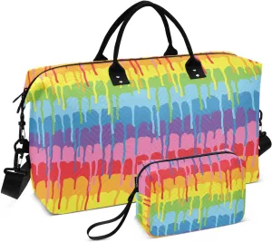 VIGTRO Travel Duffel Bag Weekender Overnight Bag with Toiletry Bag Paint Drips Pattern Vector Printed, Carry On Luggage Bag Rainbow for Hospital Gym Travel Business, 2 Pcs Set