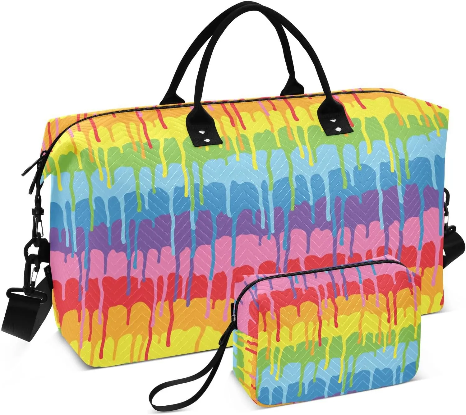 VIGTRO Travel Duffel Bag Weekender Overnight Bag with Toiletry Bag Paint Drips Pattern Vector Printed, Carry On Luggage Bag Rainbow for Hospital Gym Travel Business, 2 Pcs Set