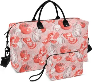 VIGTRO Travel Duffel Bag Weekender Overnight Bag with Toiletry Bag Red Tomatoes Garlic Onion Printed, Carry On Luggage Bag for Hospital Gym Travel Business, 2 Pcs Set