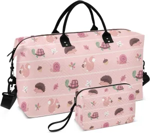 VIGTRO Travel Duffel Bag Weekender Overnight Bag with Toiletry Bag Squirrels Snails Hedgehogs Printed, Carry On Luggage Bag Pink Background for Hospital Gym Travel Business, 2 Pcs Set