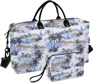 VIGTRO Travel Duffel Bag Weekender Overnight Bag with Toiletry Bag Summer Sailing Coconut Tree Printed, Carry On Luggage Bag for Hospital Gym Travel Business, 2 Pcs Set